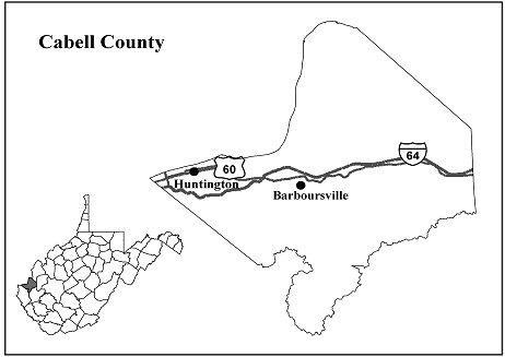 small map showing all WV counties and enlarged map of Cabell County showing routes to Huntington and Barboursville
