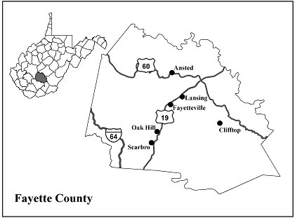 small map showing all WV counties and enlarged map of Fayette County showing routes to Ansted, Clifftop, Lansing, Fayetteville, Oak Hill and Scarbro