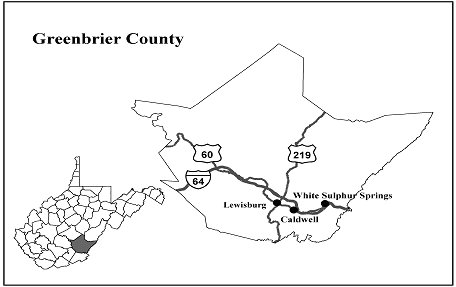 small map showing all WV counties and enlarged map of Greenbrier County showing routes to White Sulphur Springs, Lewisburg and Caldwell