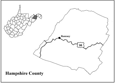 small map showing all WV counties and enlarged map of Hampshire County showing routes to Romney