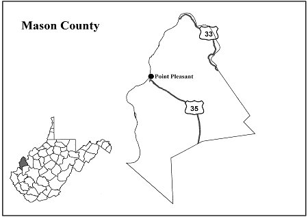 small map showing all WV counties and enlarged map of Mason County showing routes to Point Pleasant