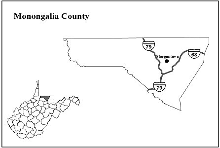 small map showing all WV counties and enlarged map of Monongalia County showing routes to Morgantown