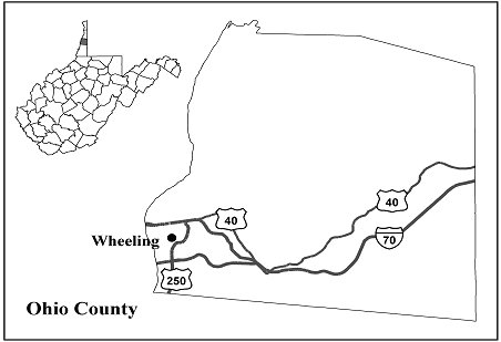small map showing all WV counties and enlarged map of Ohio County showing routes to Wheeling