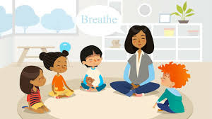 a cartoon graphic of a teacher leading children in meditation