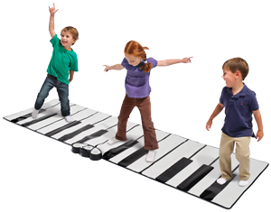 3 kids playing on the piano mat