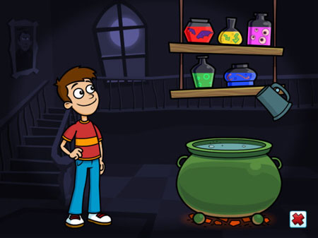 A screenshot of Maggie's recipe, this scene depicts a boy standing in front of a pot