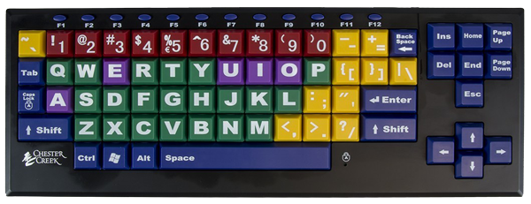 a photo of the adaptive keyboard which is also color coded: consonents are green and vowles are purple and number are red