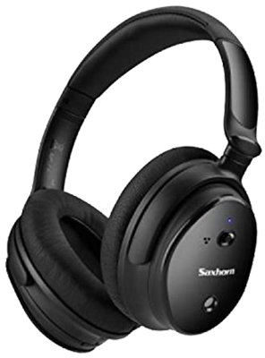 a photo of balck over-the-ear noise cancelleation headphones with significant padding