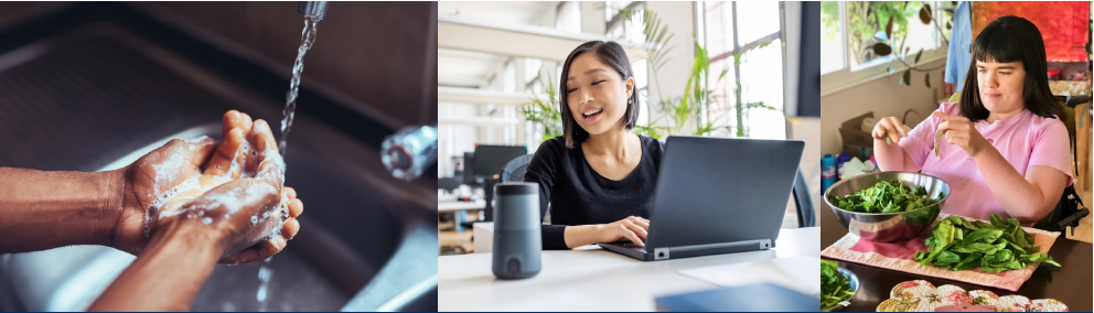 a collage of people washing their hands, using an AI personal assistant and someone tearing basil leaves