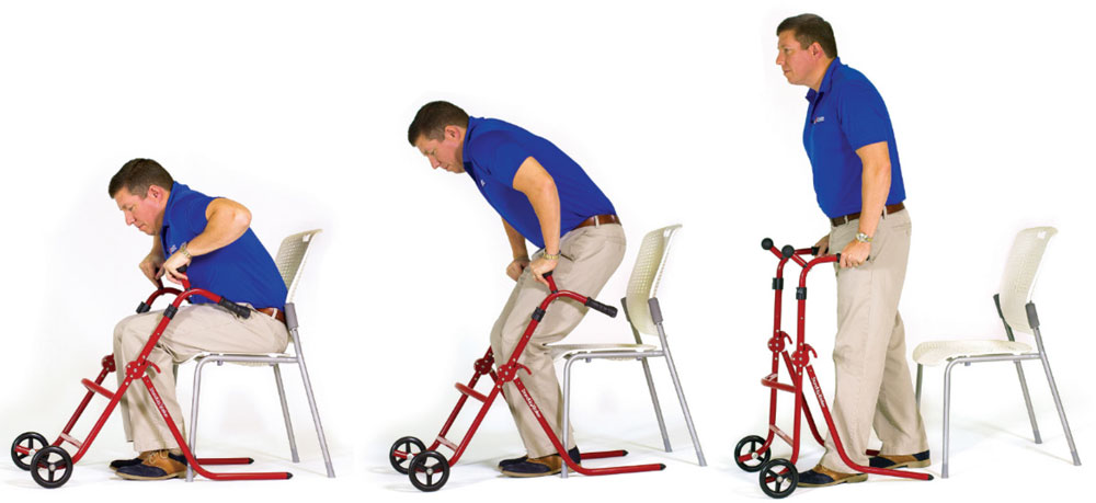 a photo of a man using the stand up walker