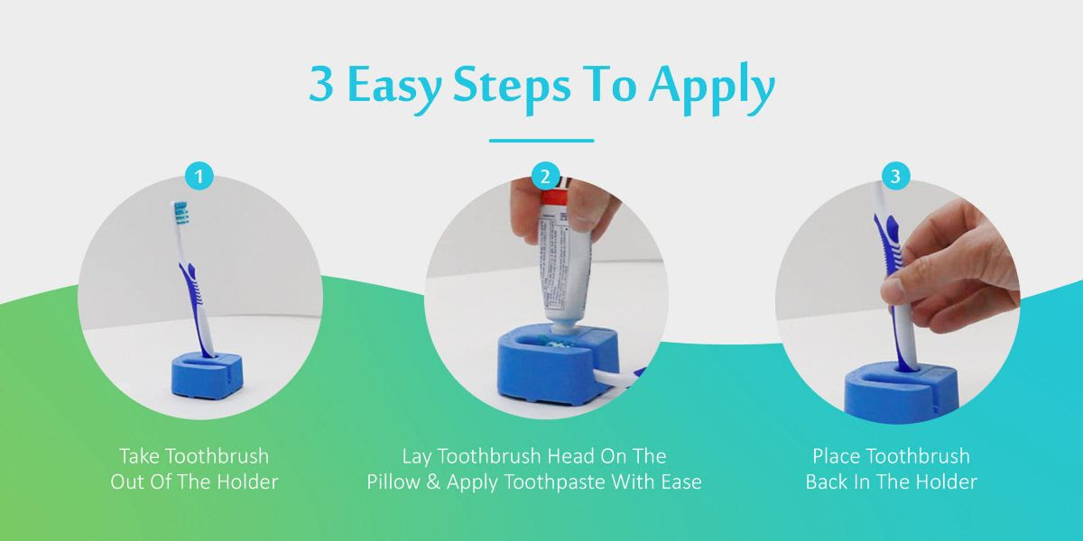 3 Easy steps to apply: Take Toothbrush OUt of the HOlder, Lay Toothbrush Head on the billo and apply toothepast with ease, Place toothbrush back in the holder