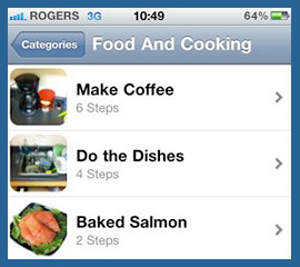 a snapshot of the app including lists for making coffee, doing the dishes and baking salmon